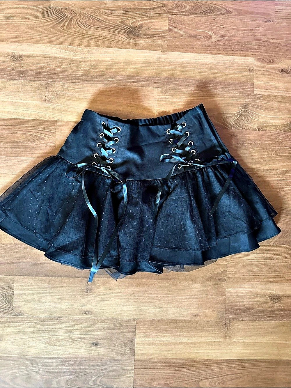 🆕 Hot Topic Polka Dot Mesh Ribbon Lace Up Corset Mini Skirt in Black Size Small